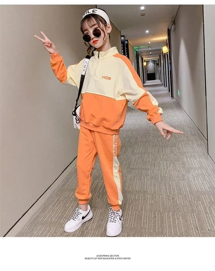 Korean Style Girls' 2-Piece Hoodie & Pant Set for Spring/Autumn (3-14Y)