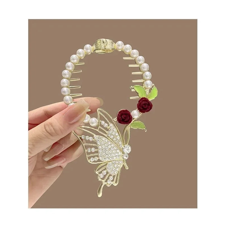 Elegant Women’s Hair Claw with Pearl & Rhinestone Tassels - Ponytail Buckle Hair Clip