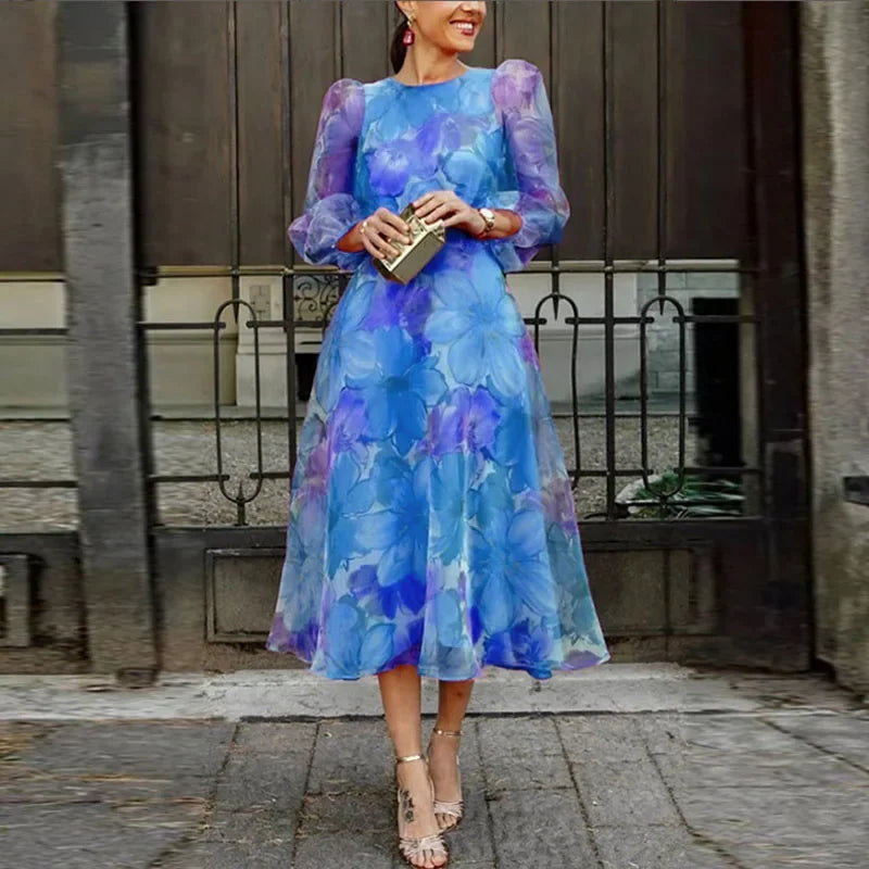 Women's Autumn Floral Print Evening Dress - Elegant O-Neck with Puff Sleeves