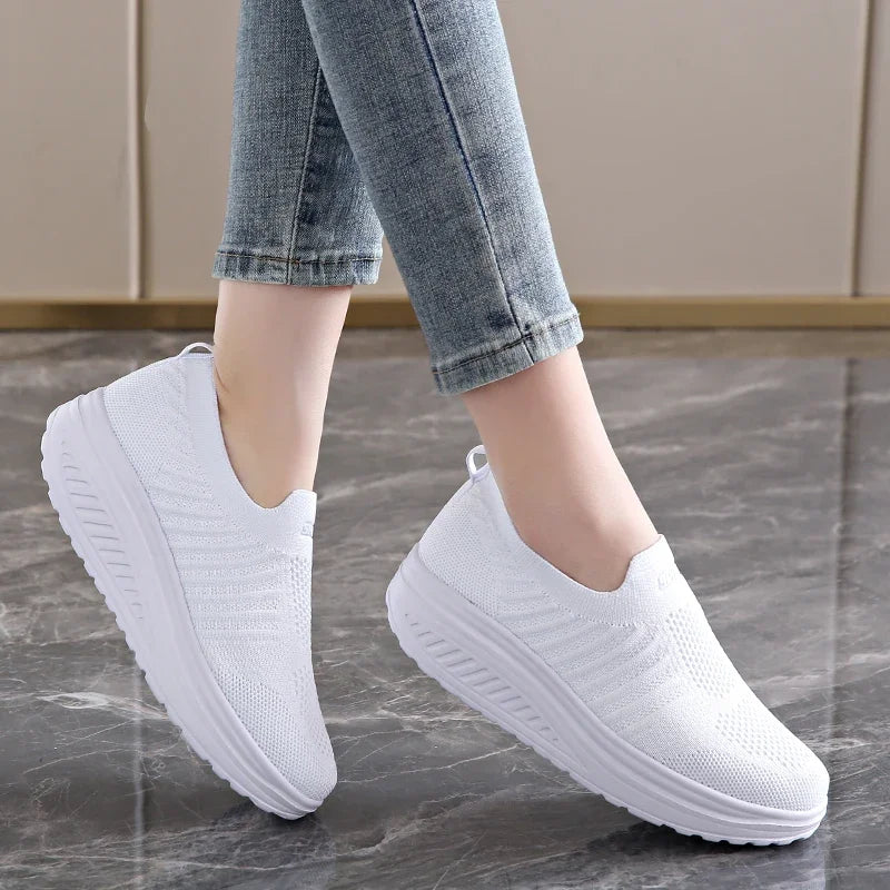 New Comfortable Women's Classic Wedge Sneakers - Black & White Plus Size