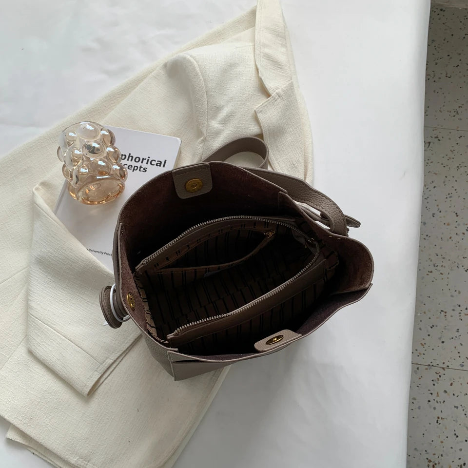 Wide Strap Leather Handbag - Women's Soft Casual Bucket Tote, Large Capacity & Multi-Function