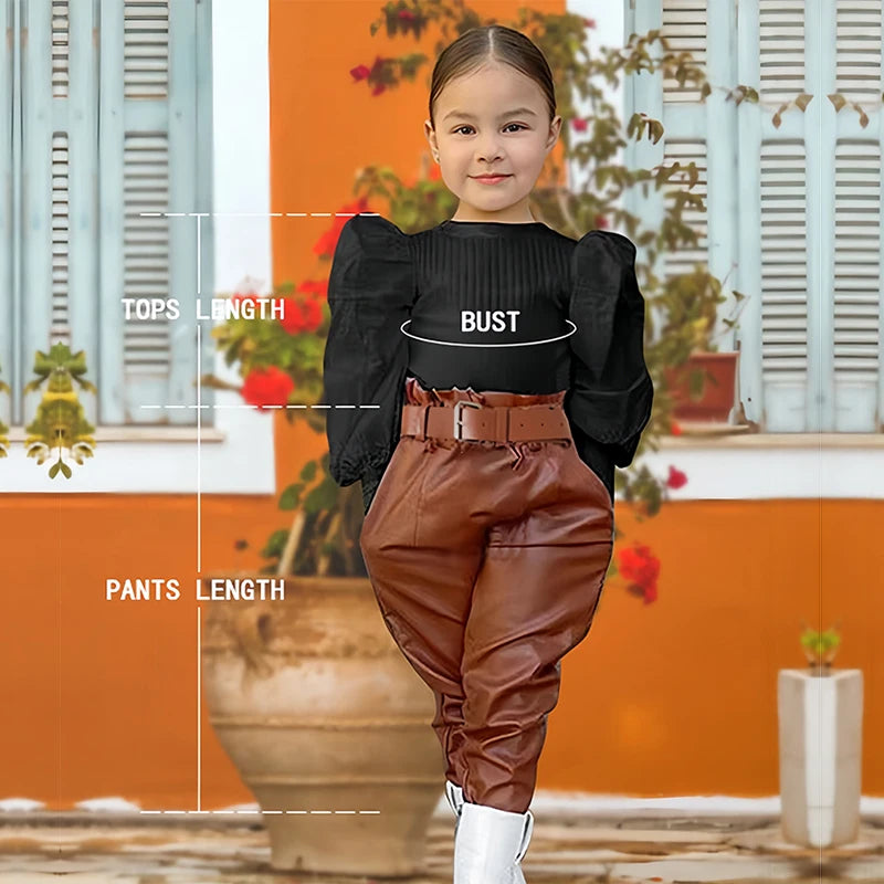 Girls' 2-Piece Puff Sleeve Blouse & PU Leather Pants Set