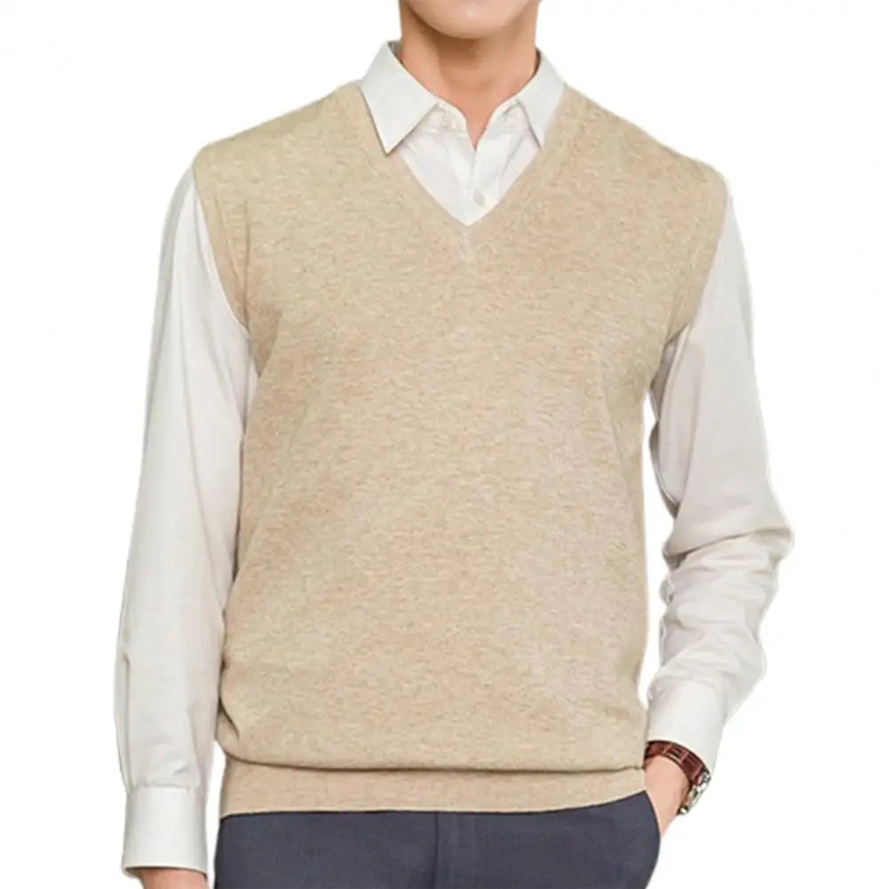 Men's Sleeveless Sweater Vest – Solid Color, Loose Fit, V-Neck Knitted Pullover Waistcoat