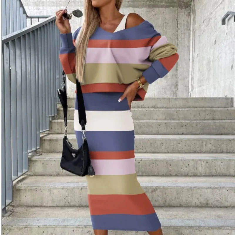 Womens Fashion Two Piece Dress Set Sexy Bat Sleeve Off Shoulder Top & Mid-Calf Dress Set New Casual Long Dress Outfit