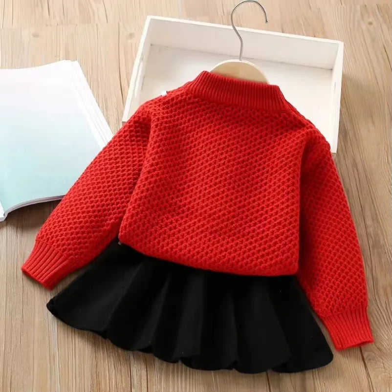 Girls' Winter 2-Piece Set – Knitted Sweater, Coat, and Skirt for Kids (Ages 6)