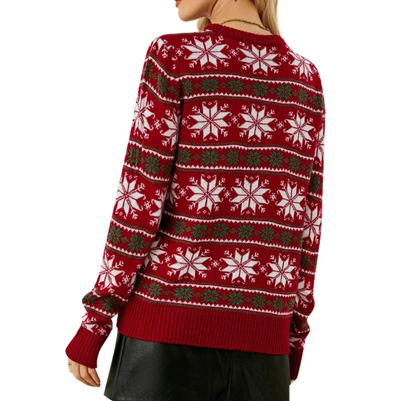 Women Snowflake Jacquard Red Christmas Party Knitted Sweaters Autumn Winter Casual O Neck Long Sleeve Pullover Tops Jumpers