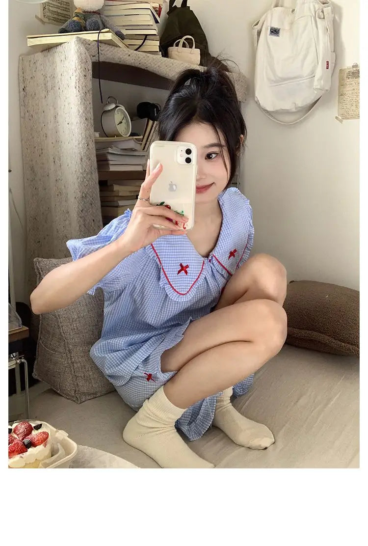 Plaid Women's Summer Pajama Set - Button Sleepwear with Peter Pan Collar