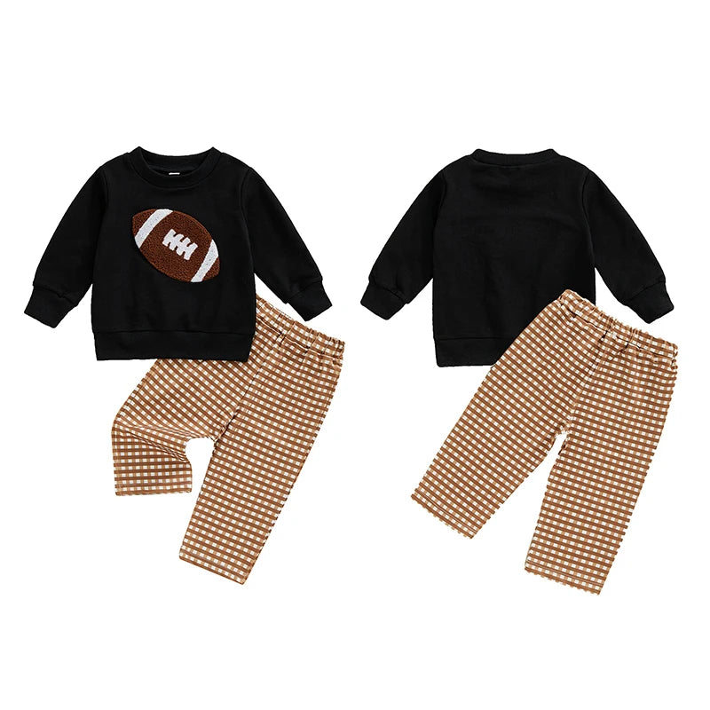 Boy Fall Pants Set Football Embroidered Long Sleeve Round Neck Sweatshirt Plaid Long Pants Outfits