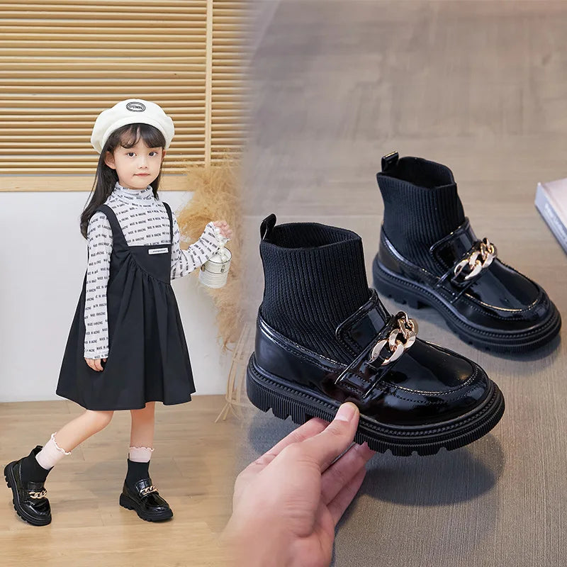 Girls' Leather Princess Boots with Metal Chains & Woven Stitching