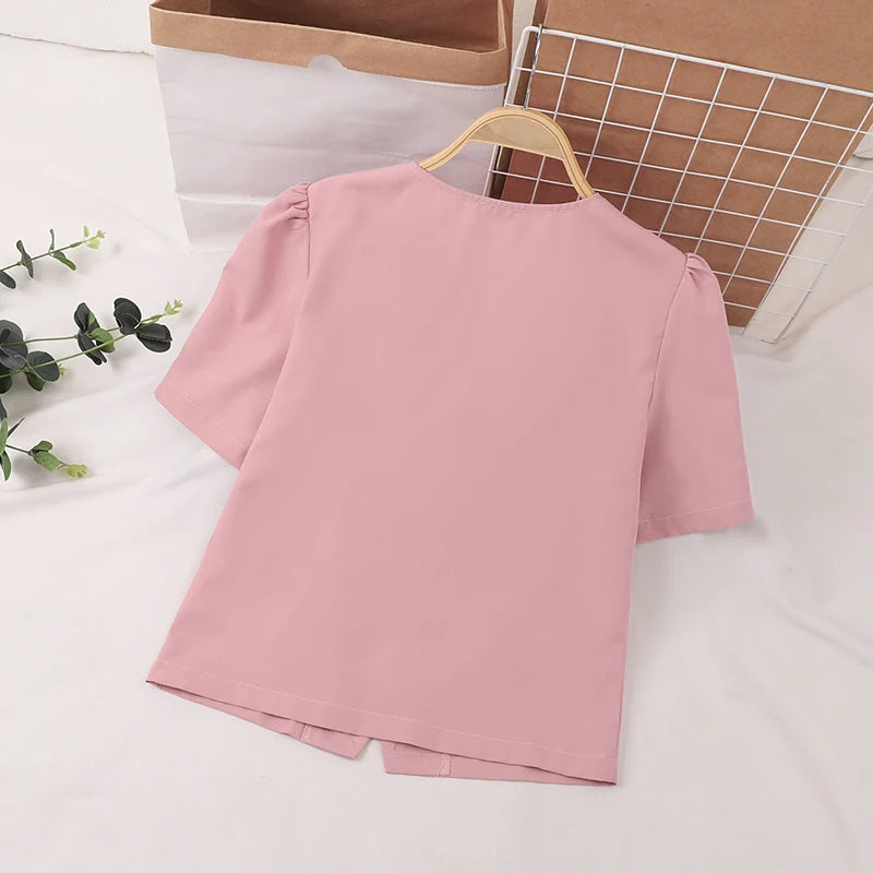 Women's Short Sleeve, Solid Color, Buttoned Tunic Top