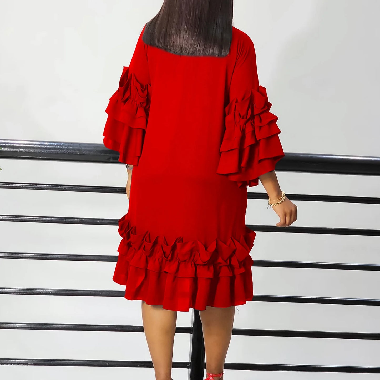 New Casual Ruffle Edge Flare Sleeves Loose Dress for Women