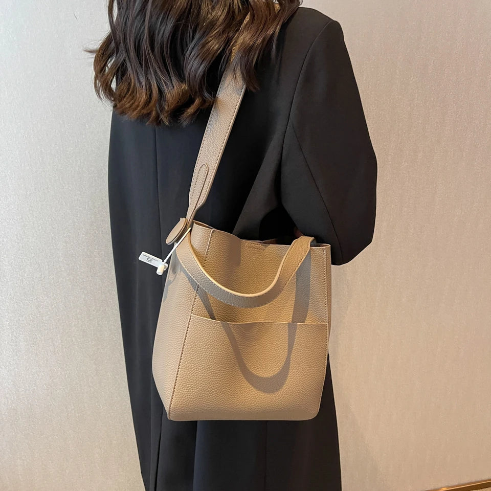 Wide Strap Leather Handbag - Women's Soft Casual Bucket Tote, Large Capacity & Multi-Function