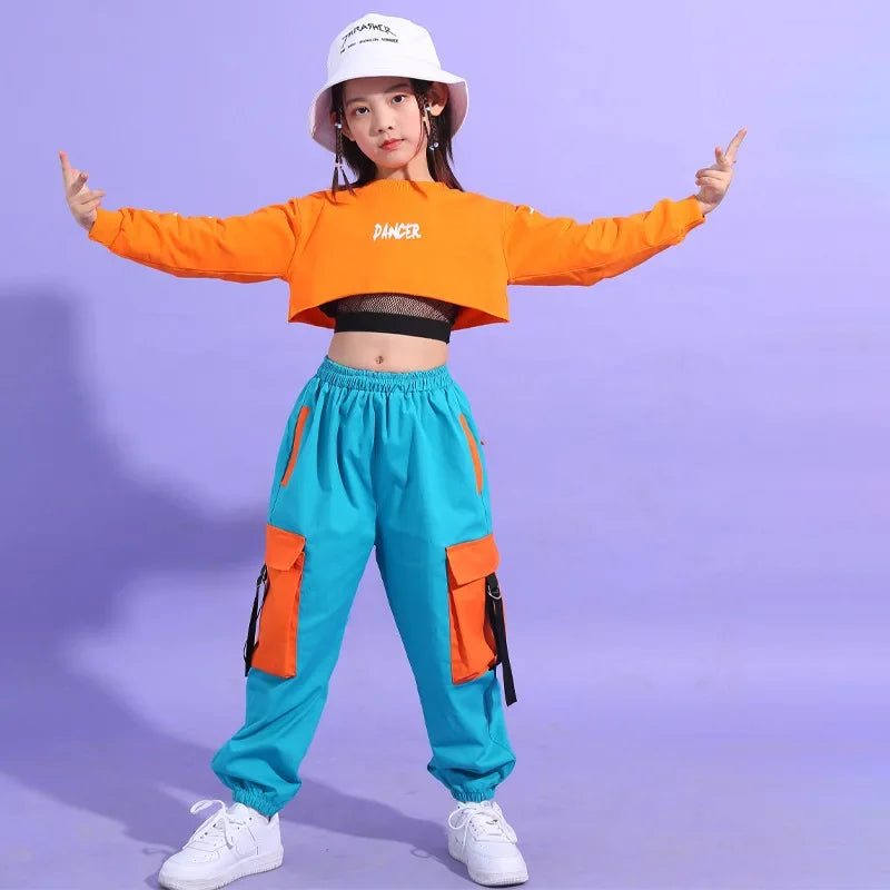 Hip Hop Girls' Crop Top & Cargo Pants Set - Street Dance & Cheerleader Style