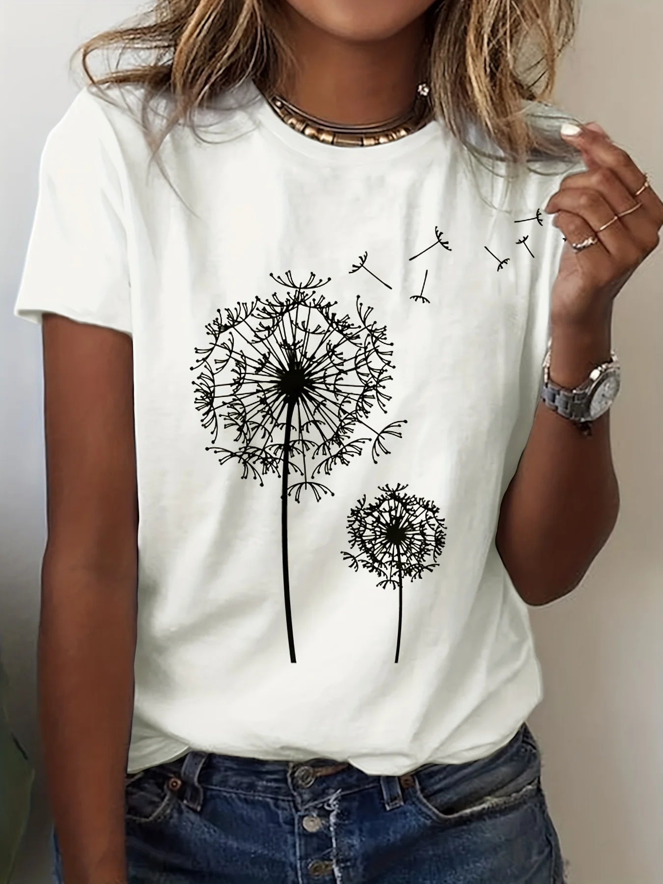 Dandelion Print Crew Neck T-Shirt, Casual Short Sleeve Top For Spring & Summer
