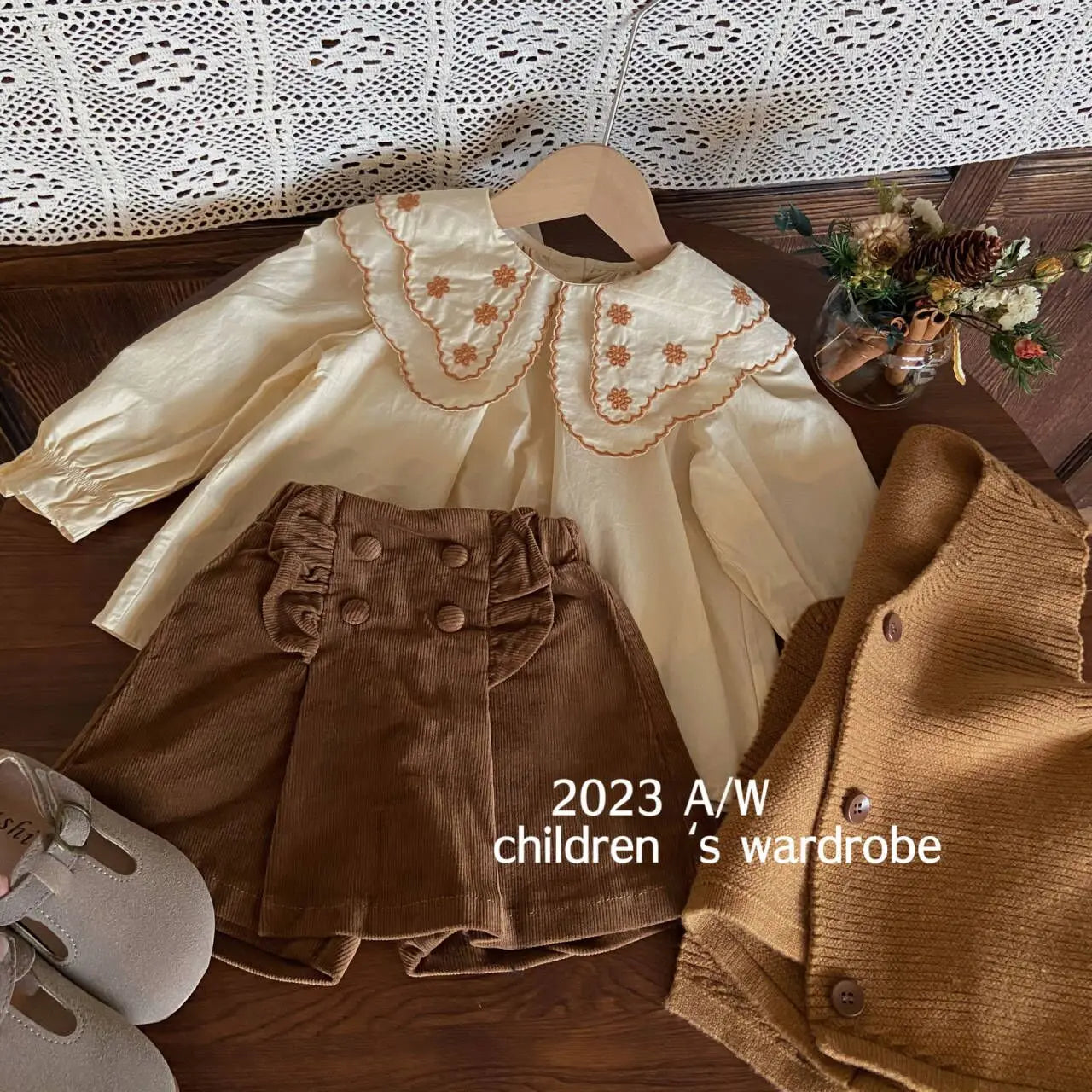 Fall & Winter 3-Piece Girls' Knit Vest Set: Embroidered Shirt & Shorts (2-8Y)