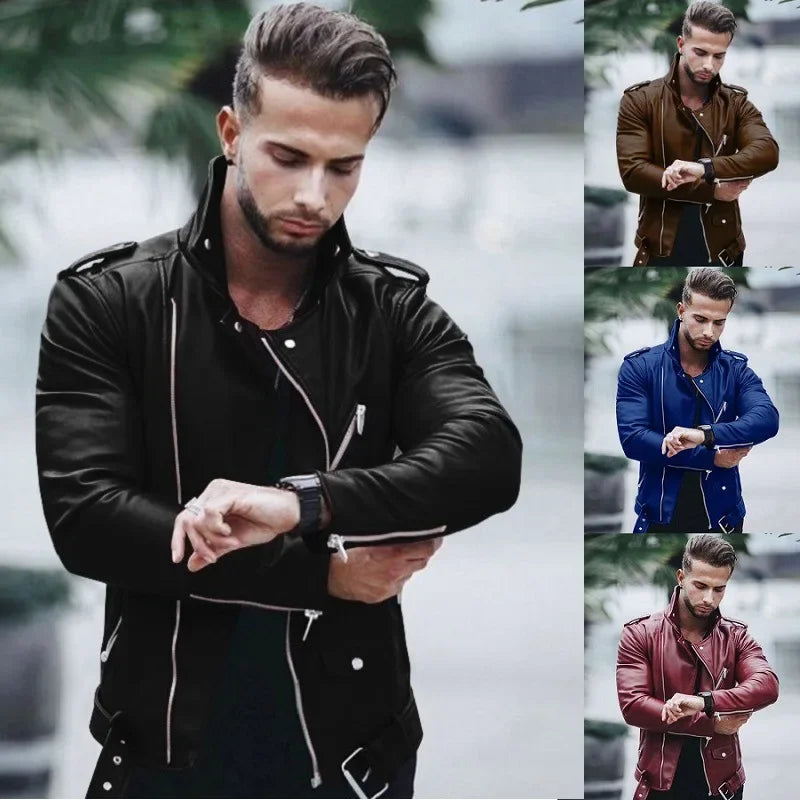 New autumn and winter men Pu leather coat large size standing collar fashion slim zipper leather jacket