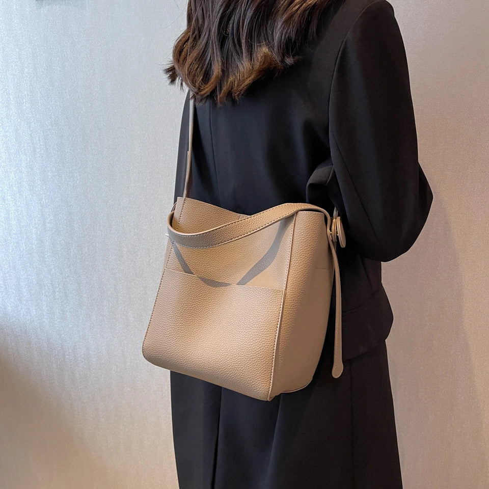 Wide Strap Leather Handbag - Women's Soft Casual Bucket Tote, Large Capacity & Multi-Function