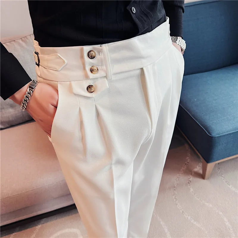 Men's High Waist Slim Fit Dress Pants – Belted Design for Office, Wedding, or Party Wear