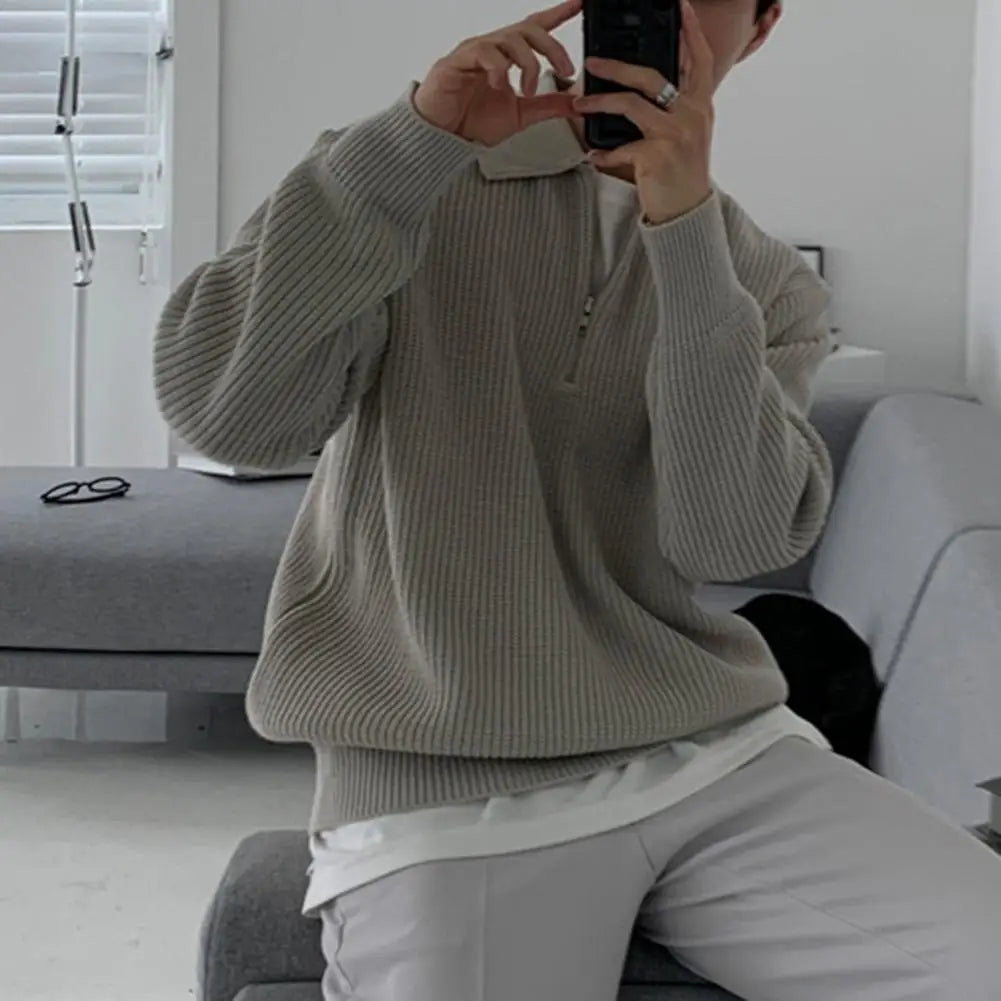 Men's Lapel Sweater – Knitted Zipper Pullover, Soft, Warm, Mid-Length, Lightweight Casual Fall/Winter Wear
