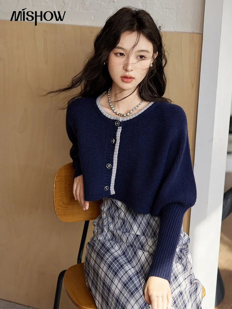 French Vintage Plaid Dress & Knit Cardigan Set for Women