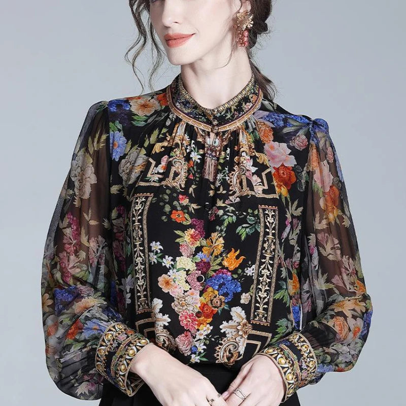 Women's Vintage Stand Collar Shirt – Printed Loose Long Sleeve Office Top