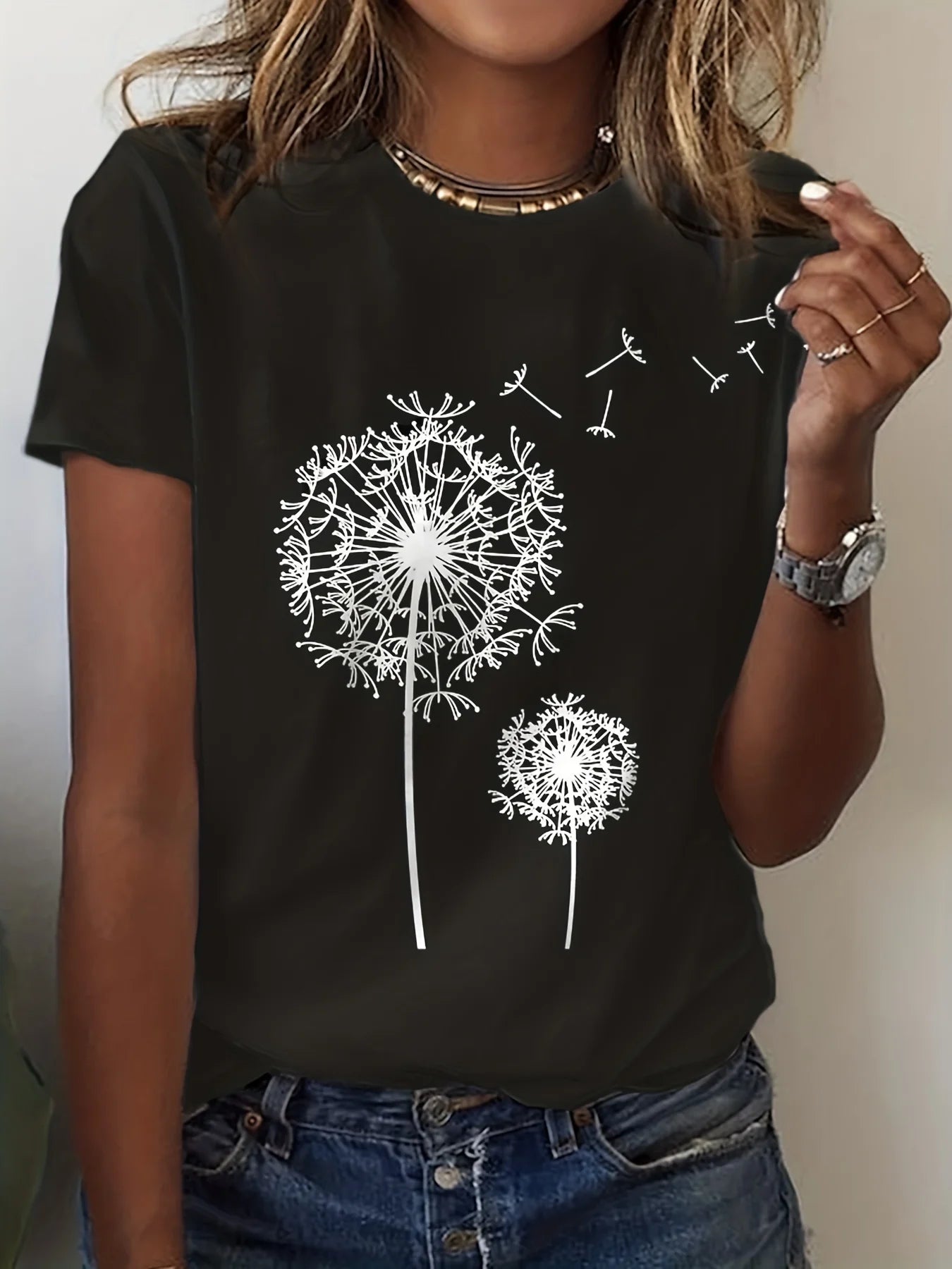 Dandelion Print Crew Neck T-Shirt, Casual Short Sleeve Top For Spring & Summer
