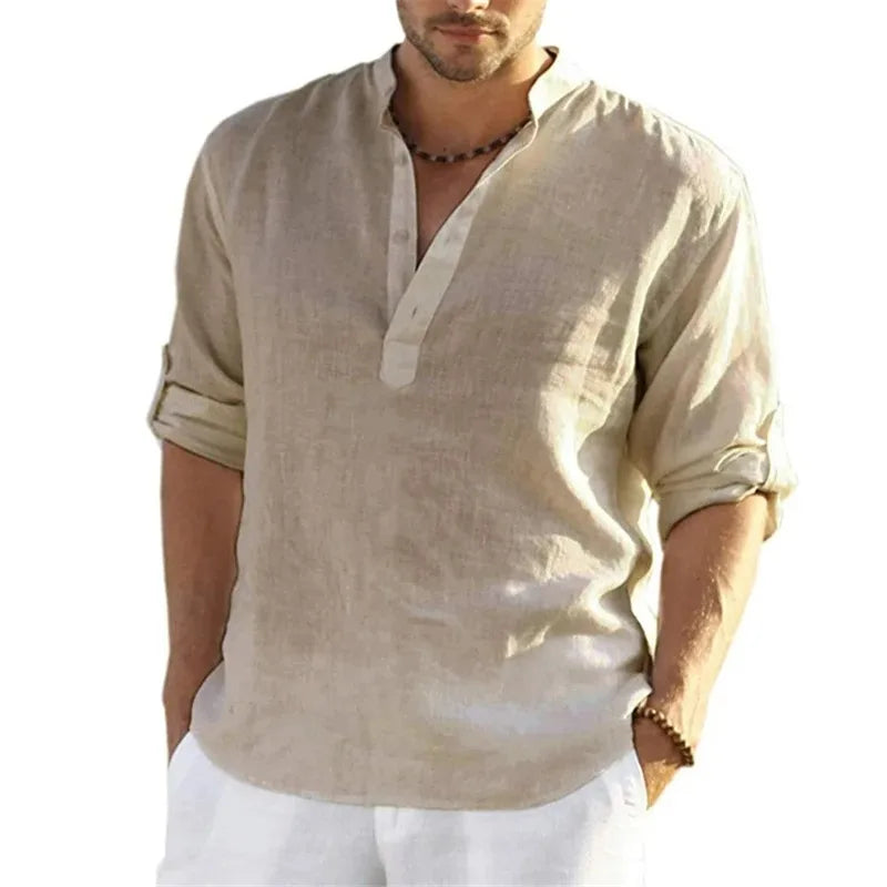 Men's Casual Long Sleeve Stand Collar Blouse - Spring Autumn Cotton Linen Shirt