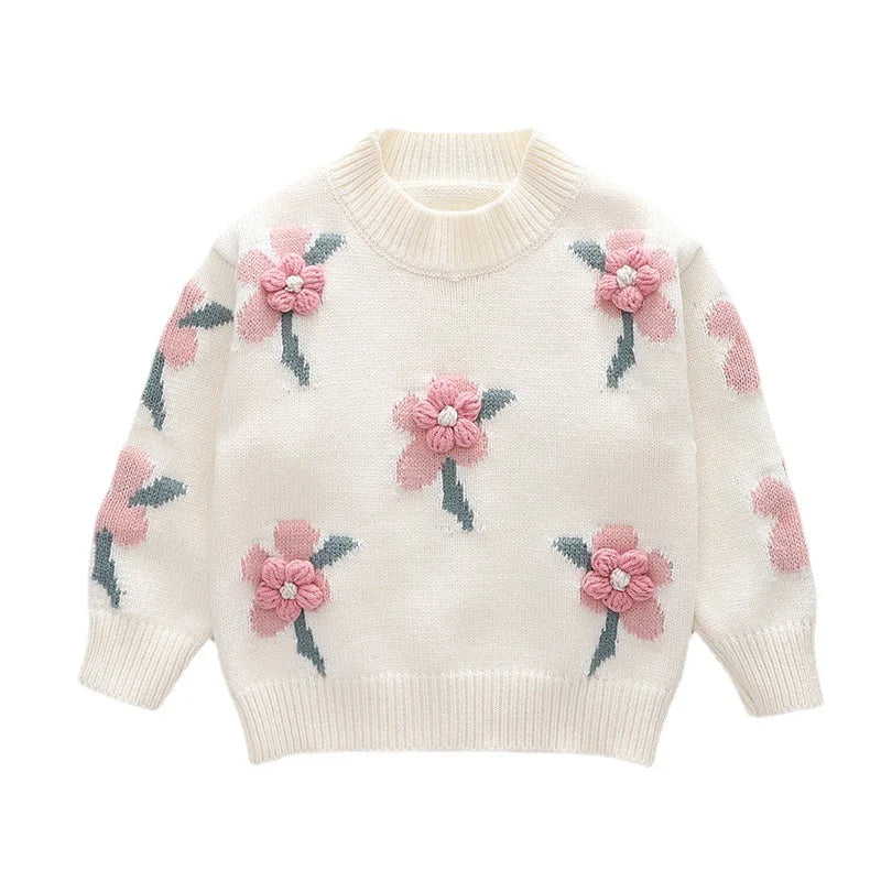 Girls' Knitted Pullover – Cute Flower Design, Warm Base Shirt for Autumn/Winter (Ages 3–8)