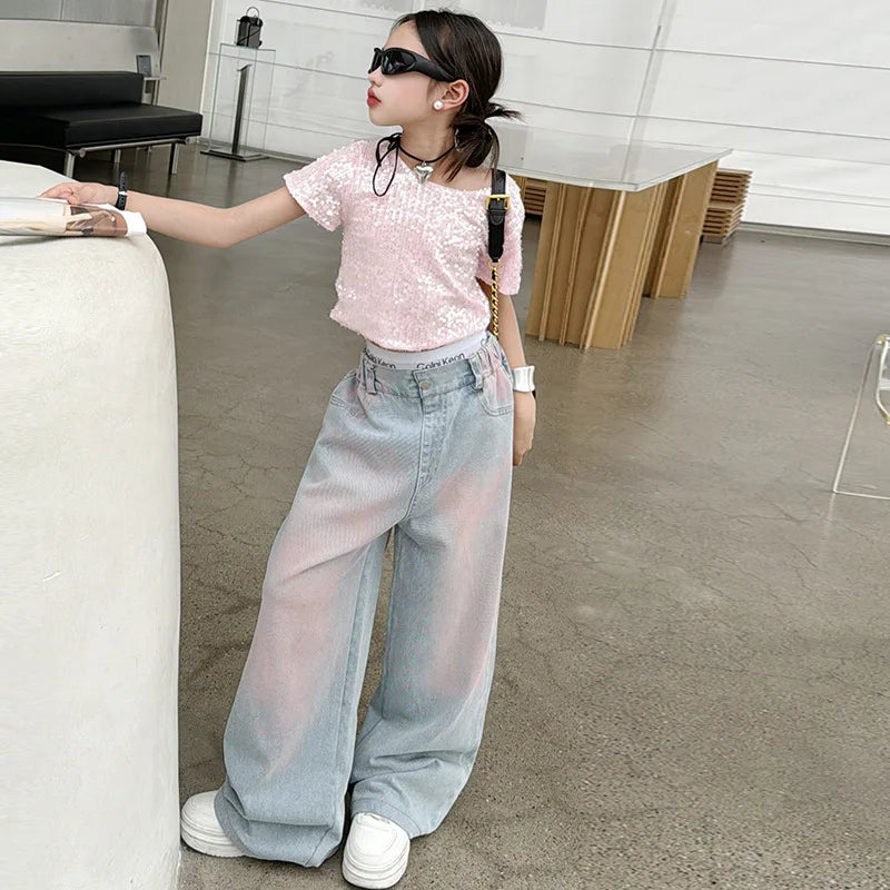 Girls' Summer 2-Piece Set - Pink Diamond T-Shirt & Tie-Dyed Wide Leg Jeans