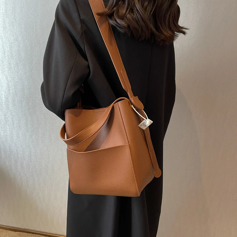 Wide Strap Leather Handbag - Women's Soft Casual Bucket Tote, Large Capacity & Multi-Function