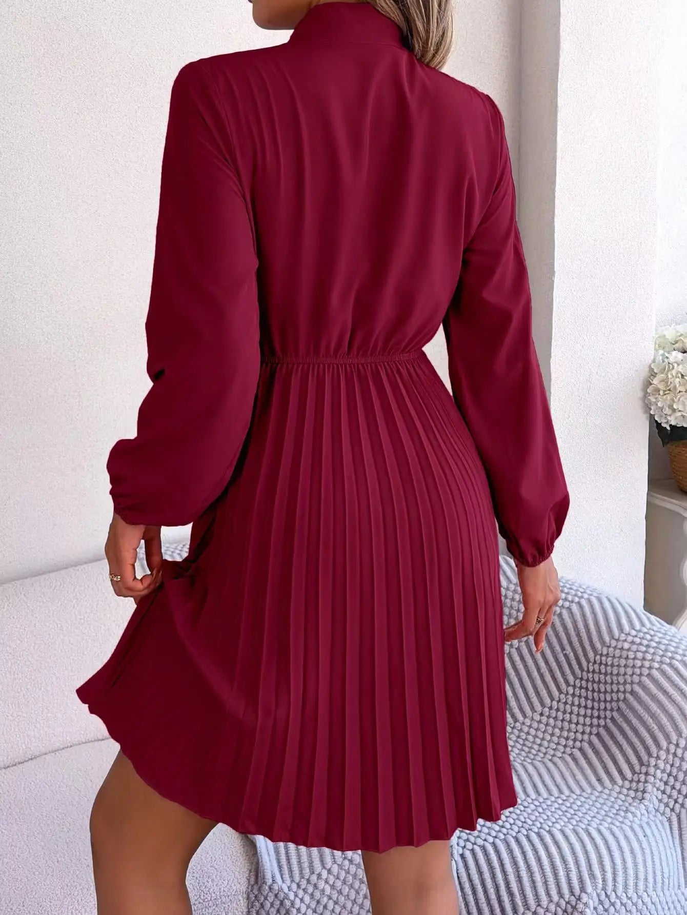 Pure Color, Lace-Up, Long Sleeve, Elastic Waist, Party Pleated Design