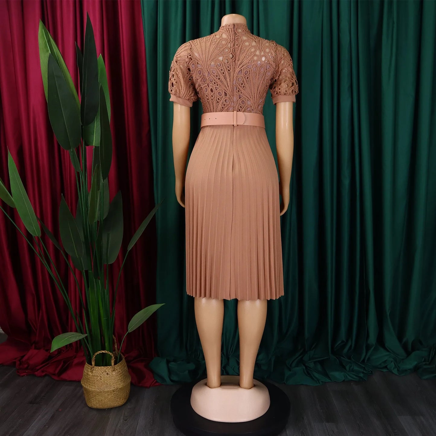 Elegant Pleated Lace Dress – O-Neck, Belted, Mid-Calf Party Dress