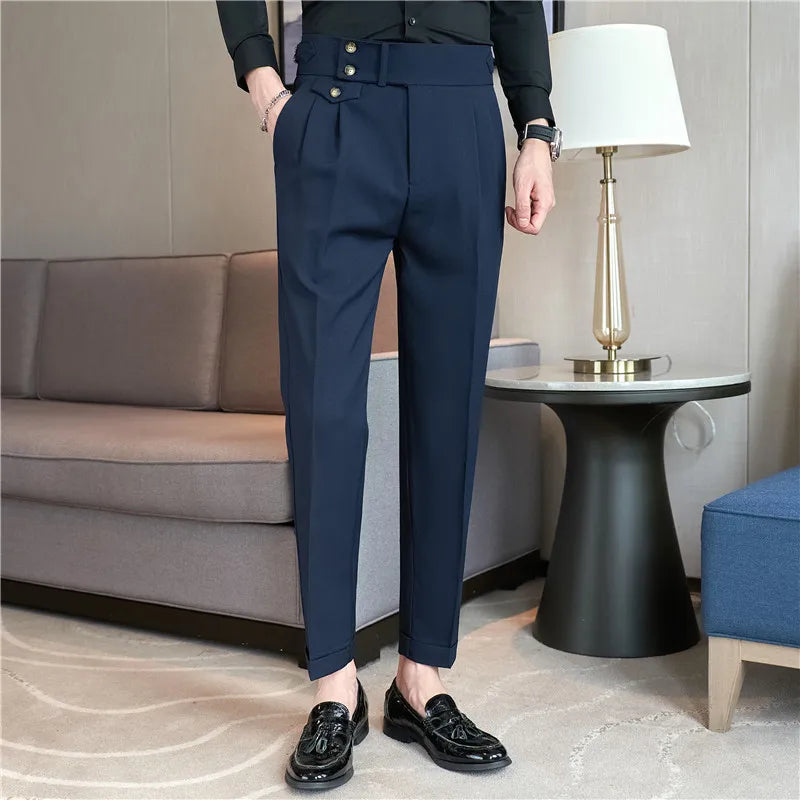 Men's High Waist Slim Fit Dress Pants – Belted Design for Office, Wedding, or Party Wear