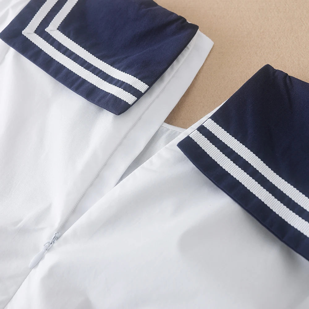 Girls' Summer Cotton Dress – Preppy Style with Bow & Turn-Down Collar