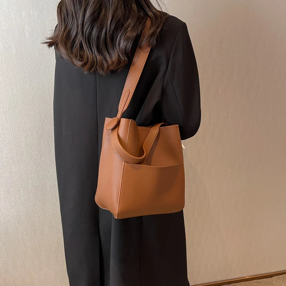 Wide Strap Leather Handbag - Women's Soft Casual Bucket Tote, Large Capacity & Multi-Function