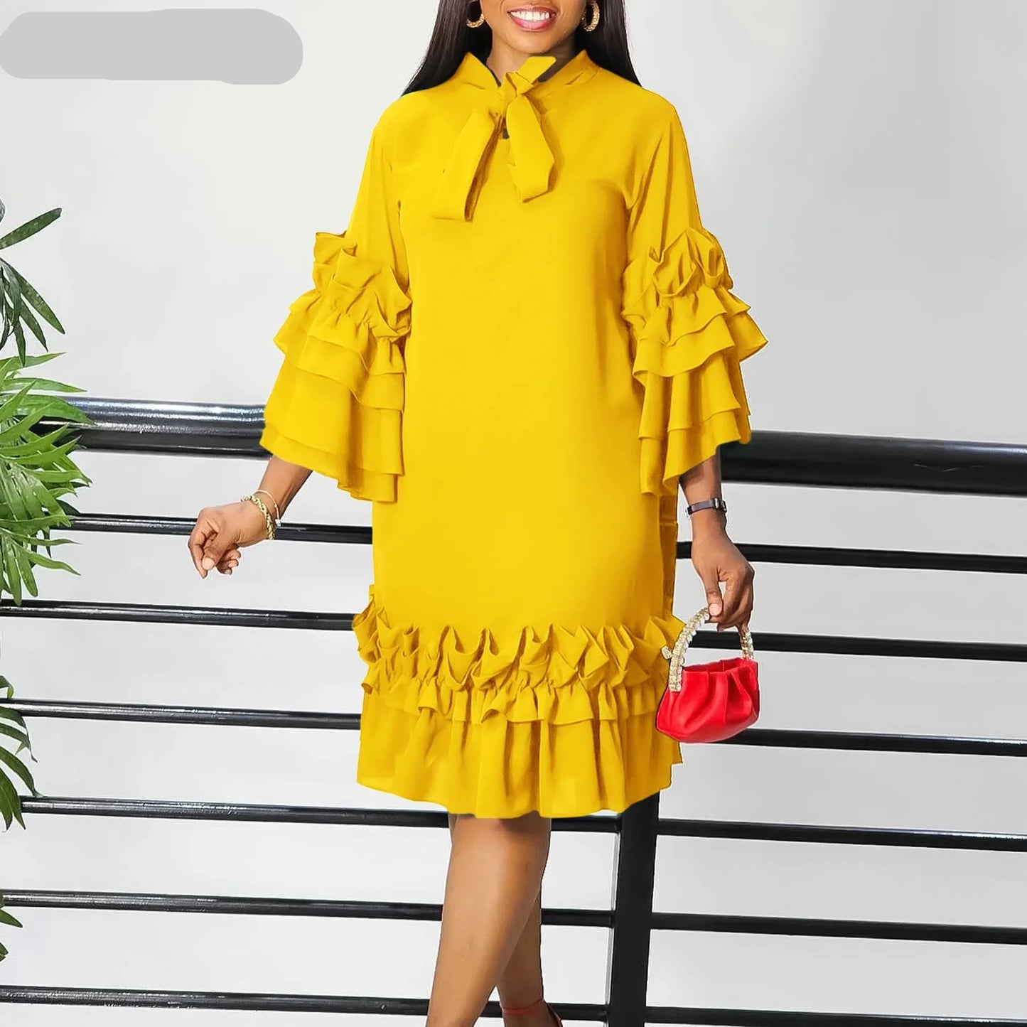 New Casual Ruffle Edge Flare Sleeves Loose Dress for Women