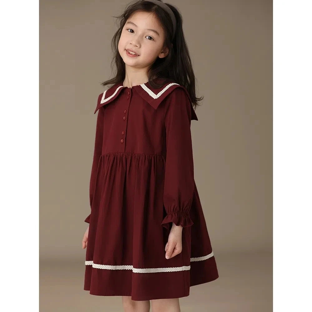Girls' Red Long Sleeve Dress – Turn-Down Collar Casual Spring Princess Outfit (Ages 6-15)