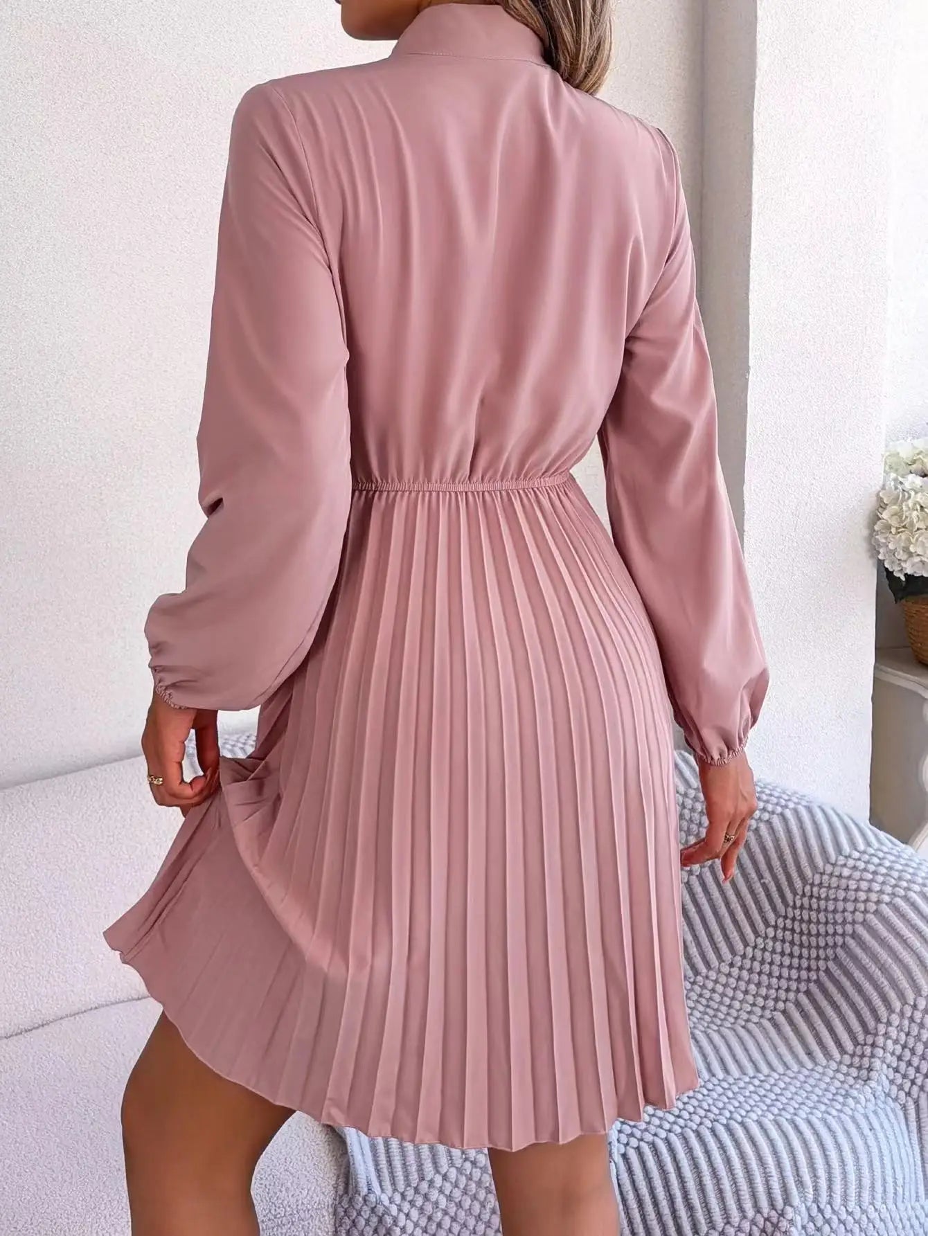 Pure Color, Lace-Up, Long Sleeve, Elastic Waist, Party Pleated Design