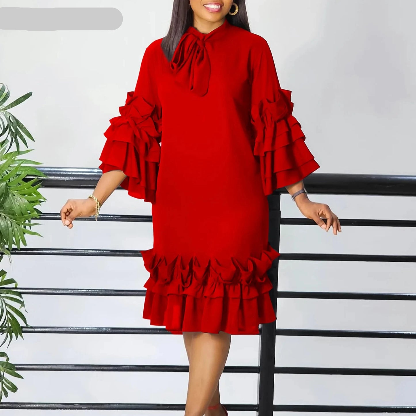 New Casual Ruffle Edge Flare Sleeves Loose Dress for Women