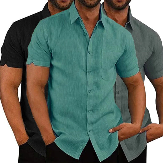 Men's Summer Cotton Linen Short-Sleeve Casual Beach Shirt