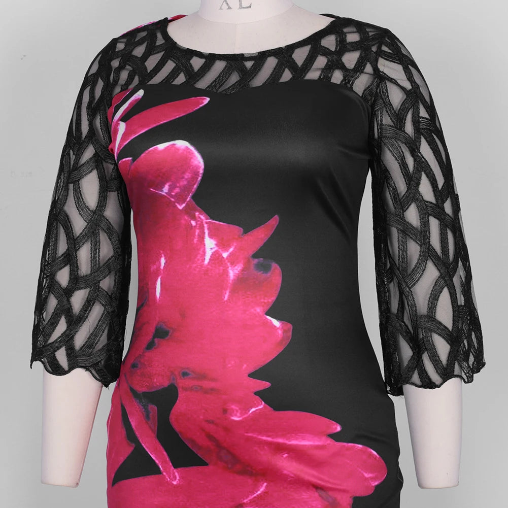 Women's Summer Floral Print Dress – Elegant Mesh Sleeve, Casual Birthday/Party Dress, 3XL/4XL