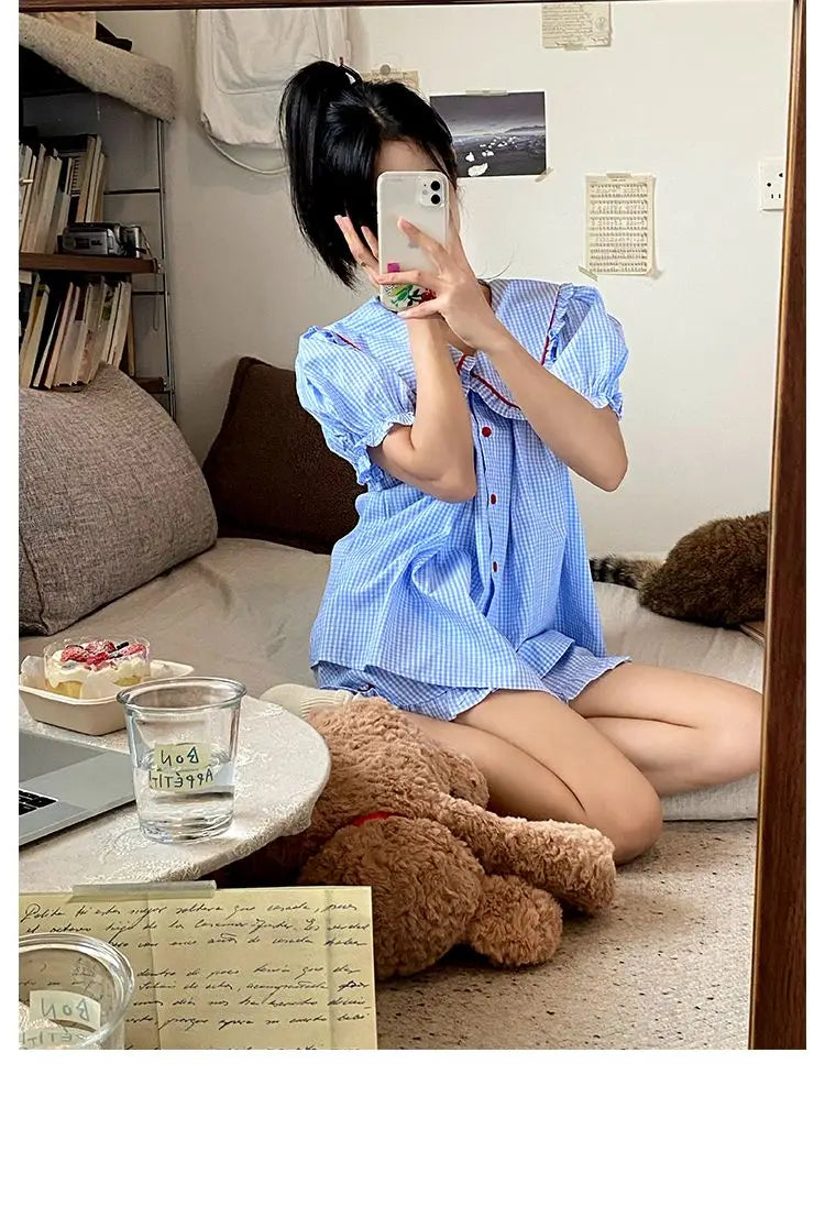 Plaid Women's Summer Pajama Set - Button Sleepwear with Peter Pan Collar