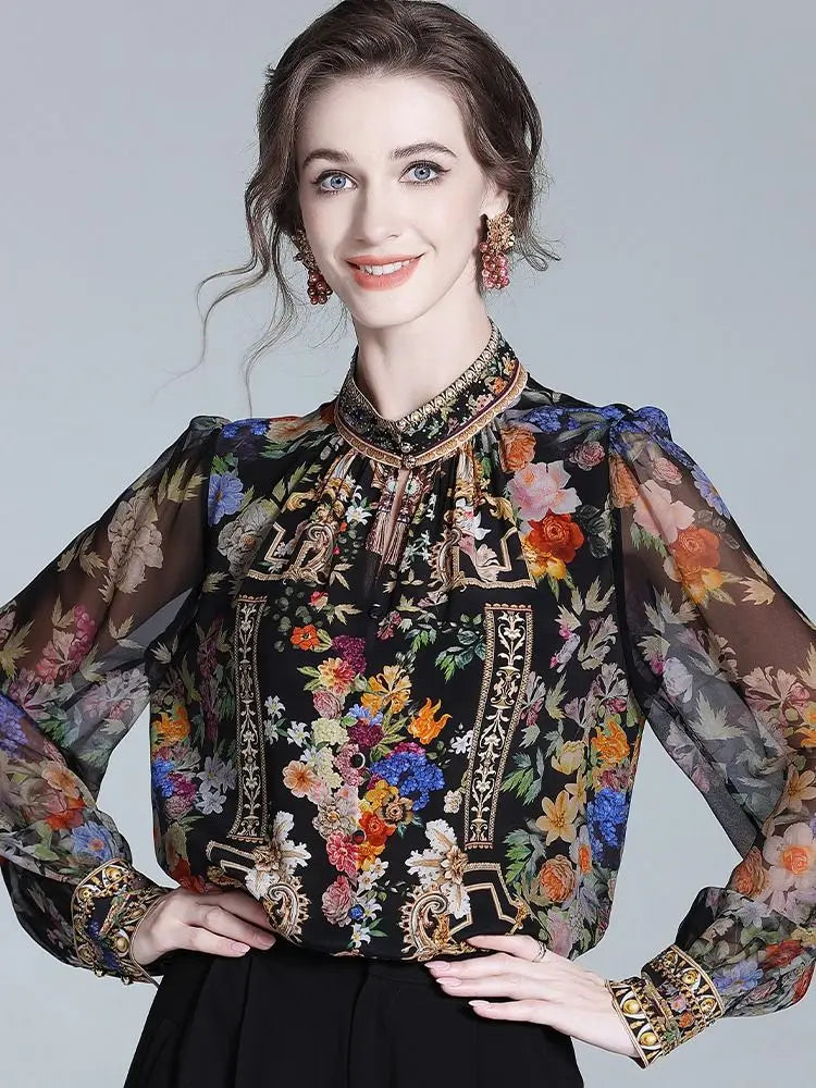Women's Vintage Stand Collar Shirt – Printed Loose Long Sleeve Office Top