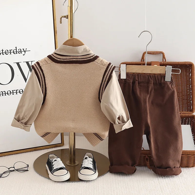 Autumn Preppy Style 3PCS Boys Outfit - Cotton Shirt, Knitted Vest & Pants Set