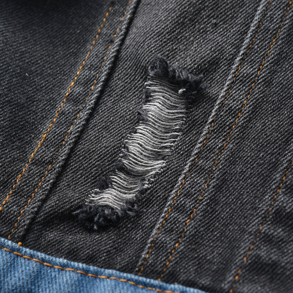 Children Boys' Casual Denim Jacket – Black & Blue Spliced, Turn-Down Collar