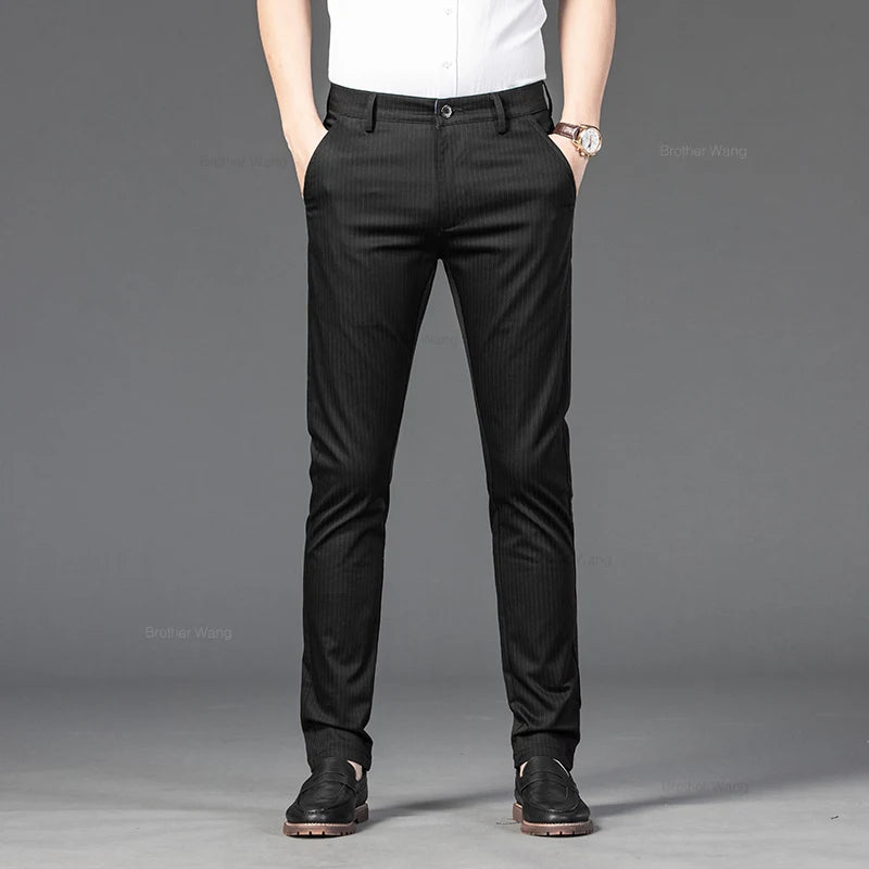 Spring Men's Business Straight Striped Casual Pants High Quality British Fashion Soft Elastic Trousers Black White Khaki Gray