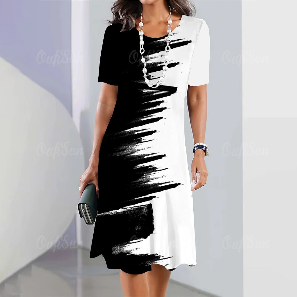 New Women's 3D Printed Black & White Loose-Fit Dress - Summer Holiday