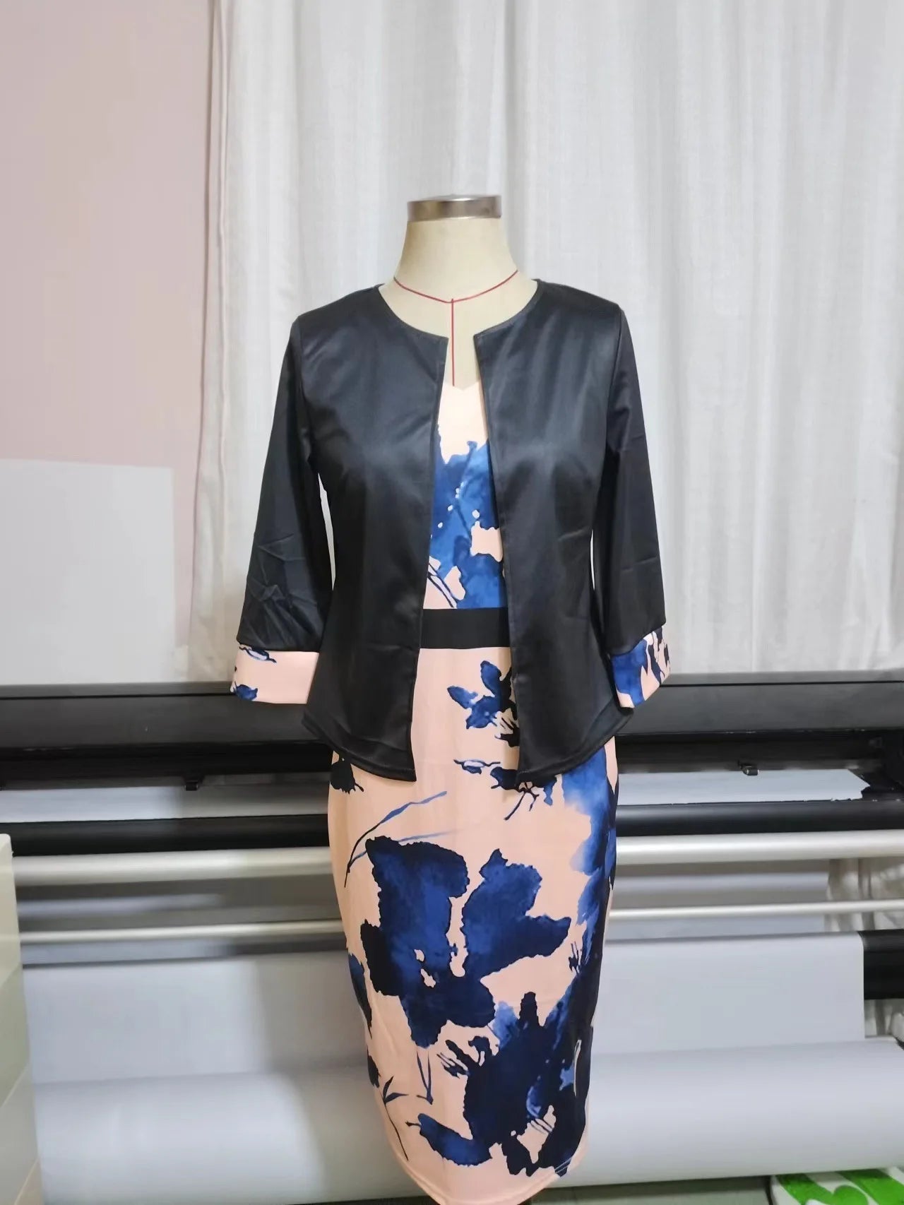Spring/Autumn Women's Dress Suits – Solid Cardigan and Printed Package Hip Dress, Office Two-Piece Set