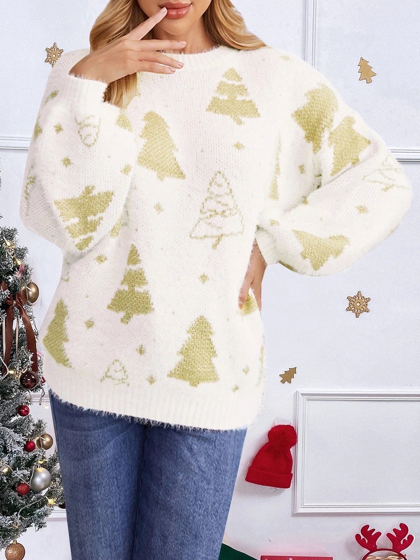 Women's Christmas Tree Pullover – Round Neck, Loose Fit, Lazy Style Knit Sweater for Autumn/Winter