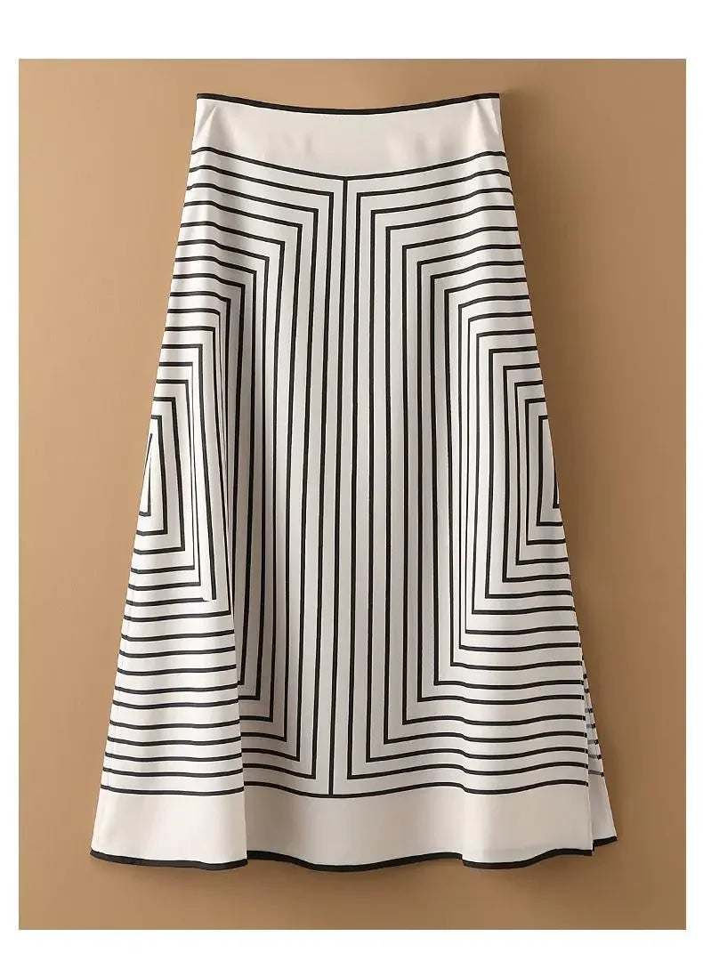 Summer Casual Luxury Black & White Striped Hepburn Style Long Skirt